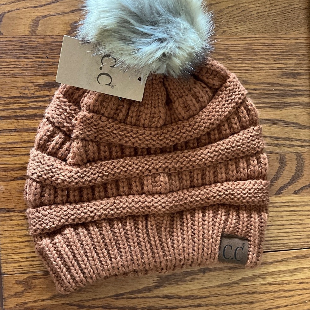 CC Beanie Clay Cable Knit Faux Fur Pom Pom Winter Hat HAT-43 NEW